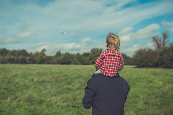 Piccolo Bambino Sta Cavalcando Sulle Spalle Dei Suoi Padri Natura — Foto Stock