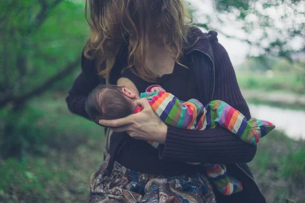 Young Mother Breastfeeding Her Baby Forest — Stock Photo, Image