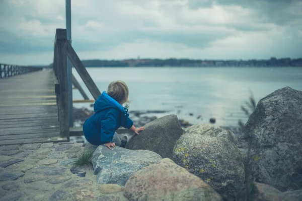 Little Toddler Playing Pier Autumn — Stock Photo, Image