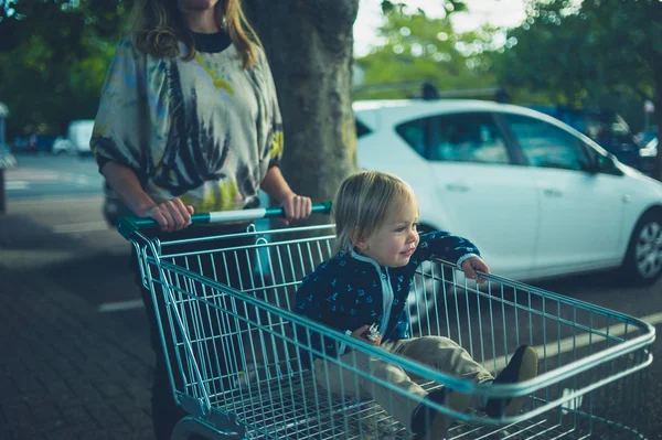 Little Toddler Being Pushed Shopping Trolley His Mother — Stock Photo, Image