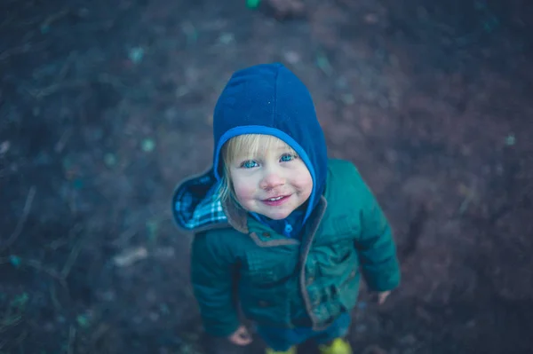 Piccolo Bambino Piedi Fuori Nel Giardino Una Giornata Autunno — Foto Stock