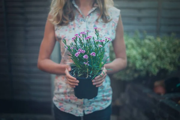 Eine Junge Frau Steht Ihrem Garten Mit Einer Topfpflanze — Stockfoto