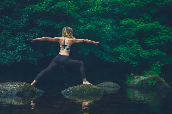 Una Joven Haciendo Yoga Sobre Una Roca Río Está Una —  Fotos de Stock