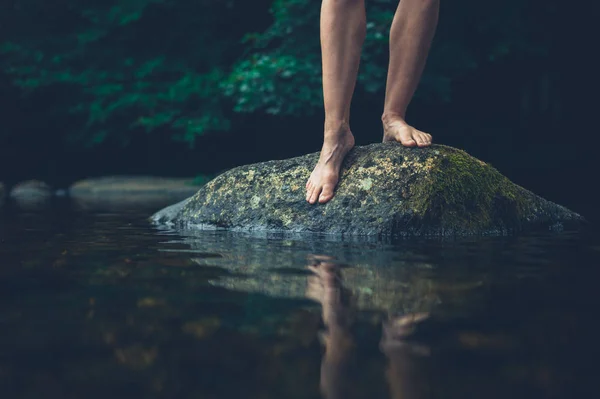 Feet Young Woman Standing Barefoot Rock River — Stock Photo, Image