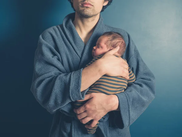 Young Father Wearing Bathrobe Holding His Baby Son — Stock Photo, Image