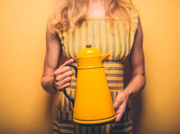 Young Woman Holding Big Yellow Thermos — Stock Photo, Image