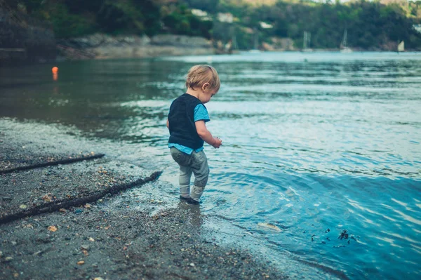 Mignon Petit Garçon Joue Bord Eau — Photo