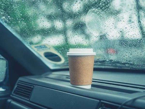 Paper Cup Coffee Dashboard Rainy Day — Stock Photo, Image