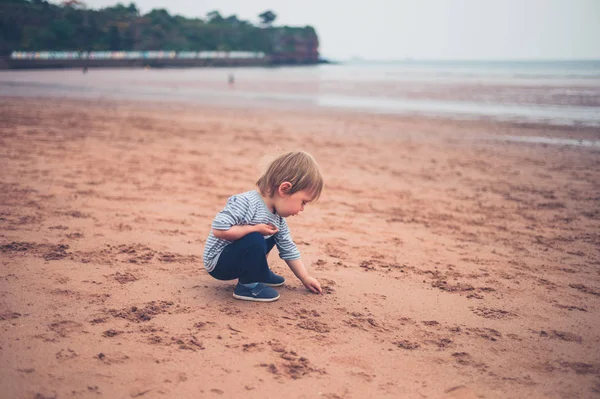 Menino Pequeno Bonito Está Sentado Praia Dia Nublado — Fotografia de Stock