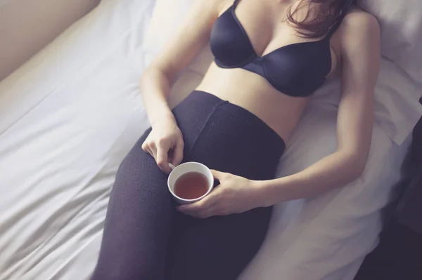 Young Woman Lying Bed Her Underwear Drinking Cup Tea — Stock Photo, Image