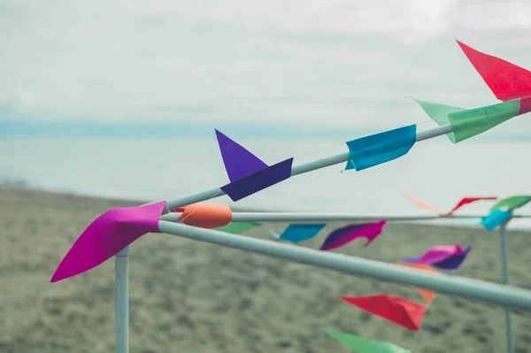 Tent Poles Beach Flags Blowing Wind — Stock Photo, Image