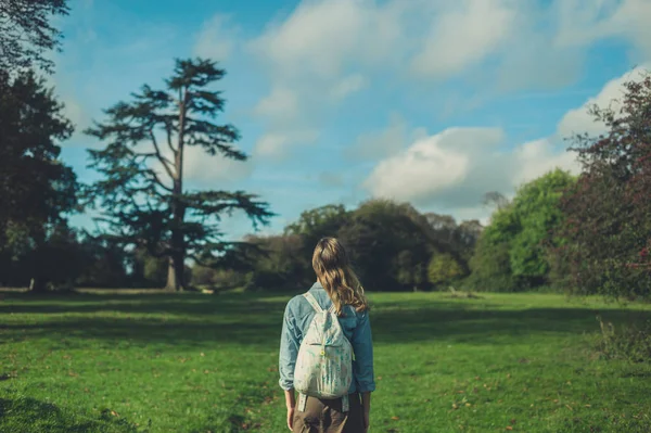 Genç Bir Kadın Bir Çayırda Duruyor Bir Ağaca Arıyor — Stok fotoğraf