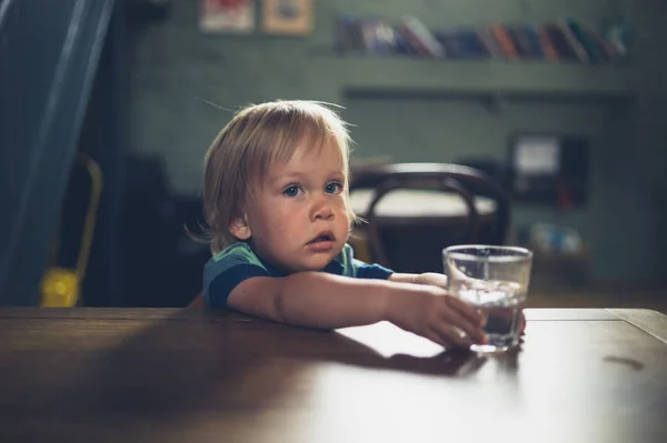 Little Toddler Boy Sitting Table Cafe Glass Water — Stock Photo, Image
