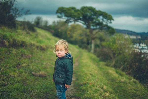 Petit Bambin Marche Sur Une Colline Automne — Photo