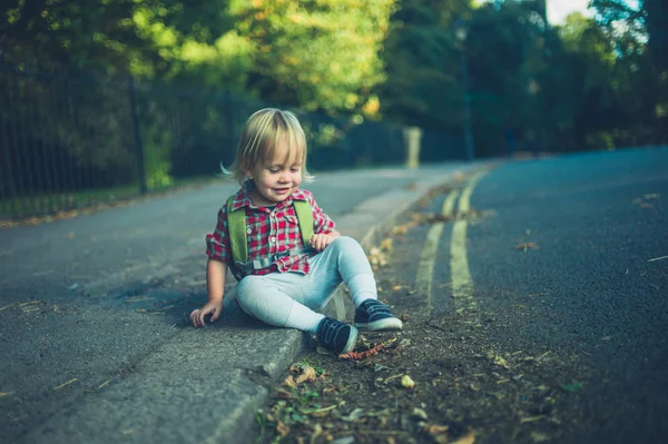 Niño Pequeño Está Sentado Acera Parque Día Otoño — Foto de Stock