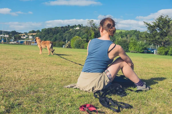 Una Joven Está Descansando Parque Con Gran Cachorro Leonberger — Foto de Stock