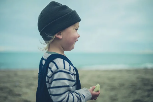 Little Toddler Standing Beach Autumn — Stock Photo, Image