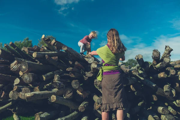 Een Kleine Peuter Klimmen Sommige Logs Het Bos — Stockfoto