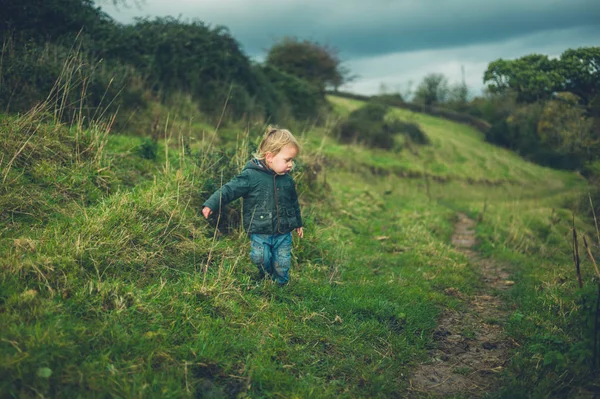 Petit Bambin Marche Sur Une Colline Automne — Photo