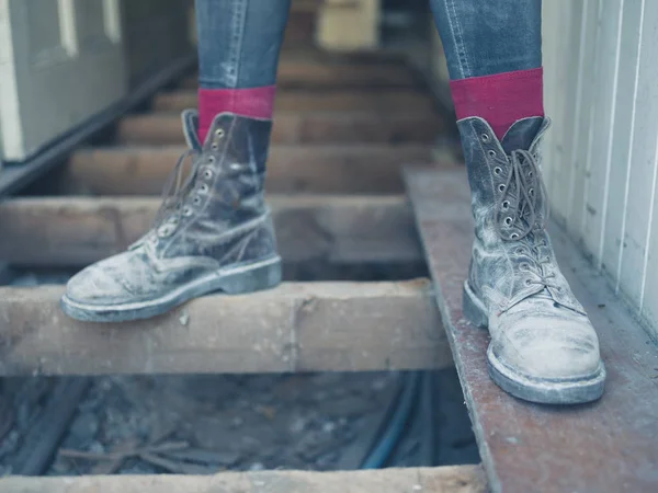 Feet Worker Wearing Dirty Old Boots Standing Floor Joists House — Stock Photo, Image