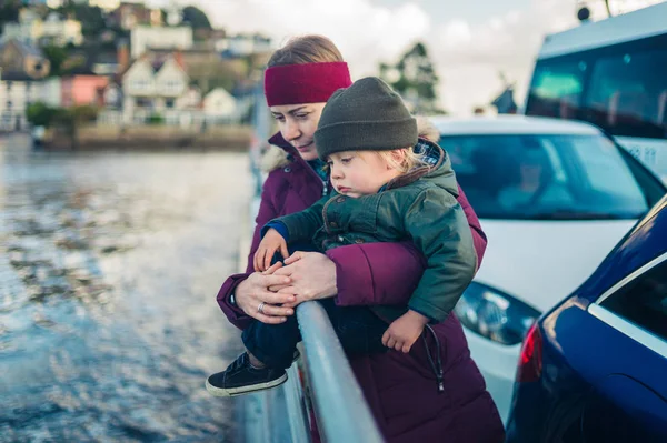 Young Woman Little Toddler Crossing River Winter Car Ferry — Stock Photo, Image