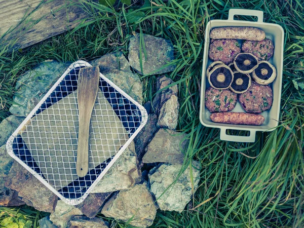 Tray Meats Dispoable Barbecue Garden — Stock Photo, Image