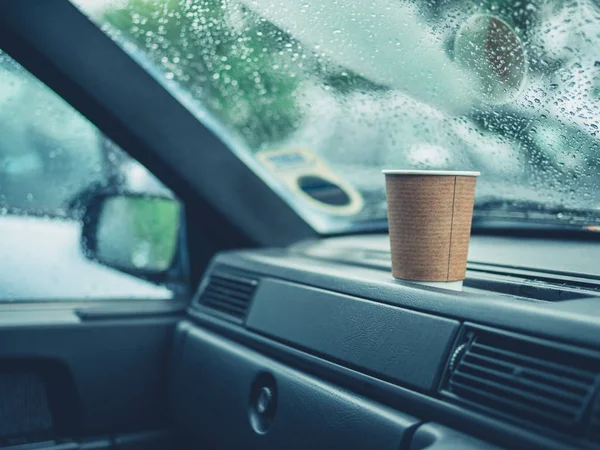 Paper Cup Coffee Dashboard Rainy Day — Stock Photo, Image