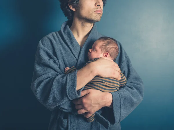 Proud Young Father Wearing Bathrobe Holding His Baby Son — Stock Photo, Image