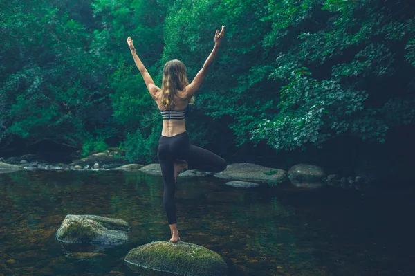 一个做瑜伽的女人在河里的岩石上摆出一副树的姿势 — 图库照片
