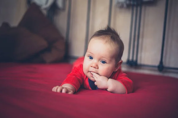 Een Kleine Baby Liggend Een Bed — Stockfoto