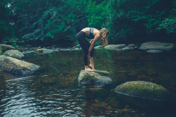 Молода Жінка Стоїть Скелі Річці — стокове фото