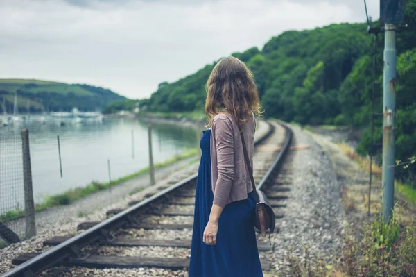 Young Woman Walking Railroad Tracks River — Stock Photo, Image