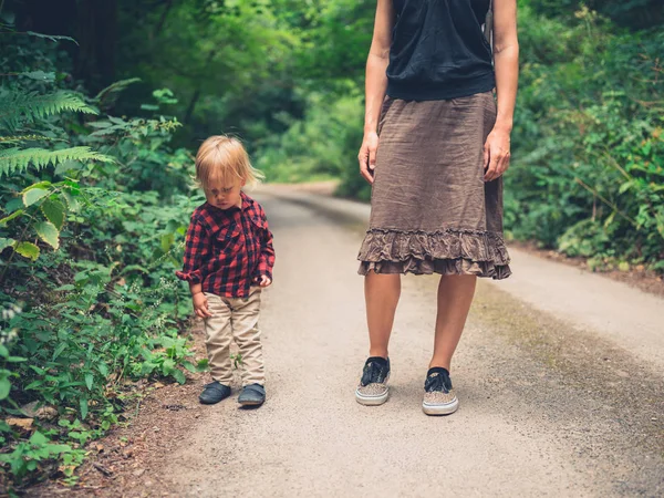 Una Madre Joven Hijo Pequeño Están Caminando Bosque — Foto de Stock