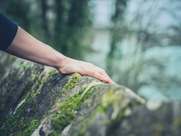 Een Jonge Vrouwelijke Hand Rustend Een Stenen Muur Buiten Natuur — Stockfoto