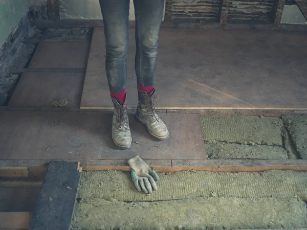 Feet Legs Worker Standing New Subfloor Loft Being Insulated Wool — Stock Photo, Image