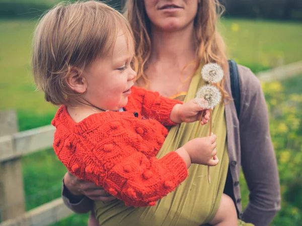 Menino Pequeno Carregado Uma Funda Por Sua Mãe Está Segurando — Fotografia de Stock