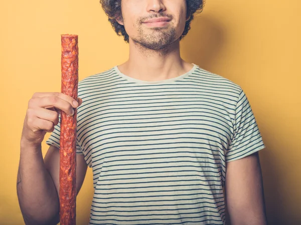 Jeune Homme Exhibe Fièrement Grosse Saucisse — Photo