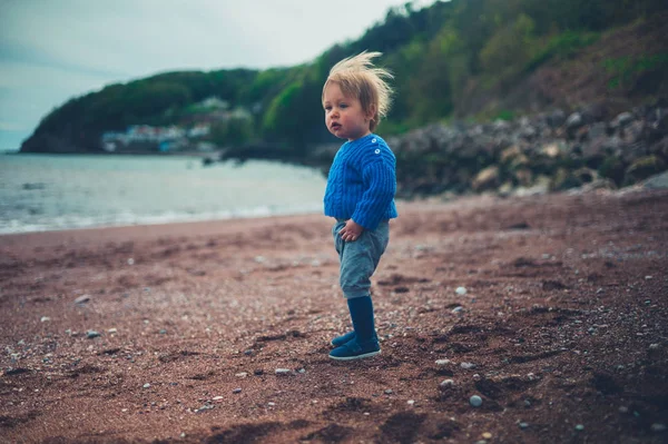 Söt Liten Toddler Pojke Ligger Stranden Kall Dag — Stockfoto