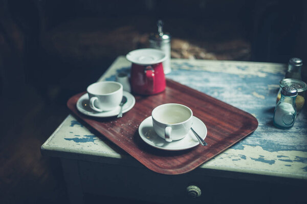 Two Empty Cups Coffee Table Cafe — Stock Photo, Image