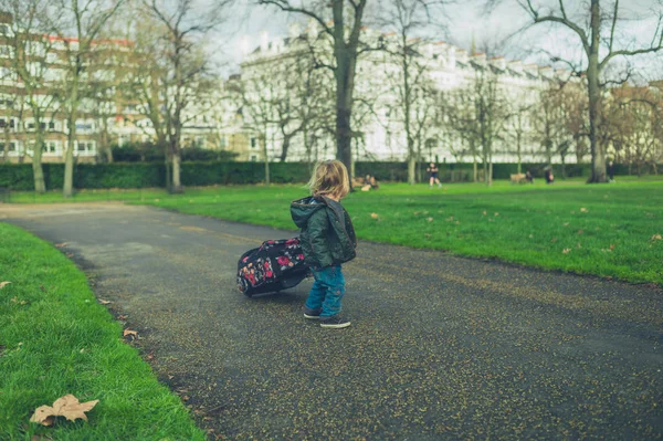 Een Kleine Peuter Trekt Een Koffer Het Park — Stockfoto