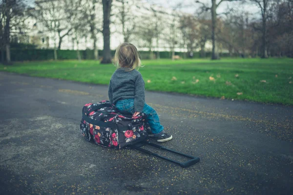 Uma Criança Pequena Está Descansando Uma Mala Parque — Fotografia de Stock