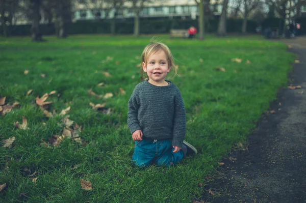 一个幼儿正享受着在公园里的草地上的生活 — 图库照片
