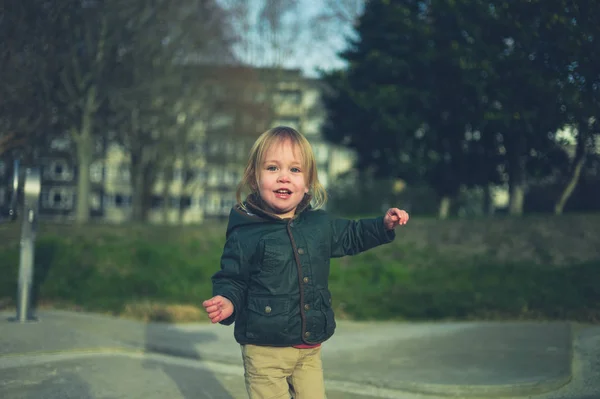 Uma Criança Pequena Está Divertindo Playground Parque — Fotografia de Stock