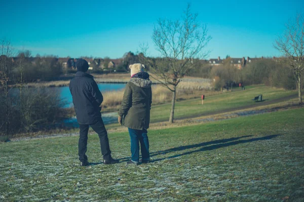 Senior Retired Couple Looking Lovely Housing Estate Leisure Park Winter — Stock Photo, Image