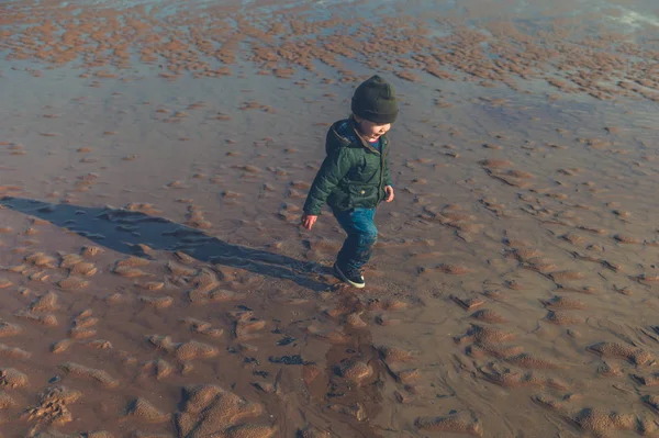 Pequeño Niño Está Pie Playa Invierno —  Fotos de Stock