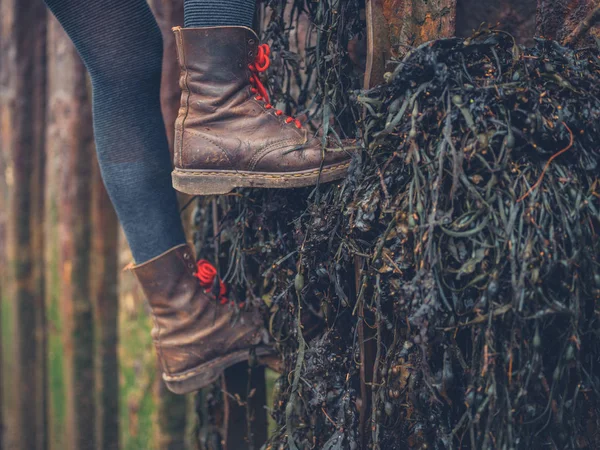 一个年轻女子爬上一个锈迹斑斑的旧梯子的脚 上面覆盖着海草 — 图库照片