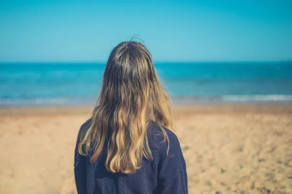 Πίσω Όψη Της Γυναίκας Που Στέκεται Στην Ηλιόλουστη Παραλία — Φωτογραφία Αρχείου