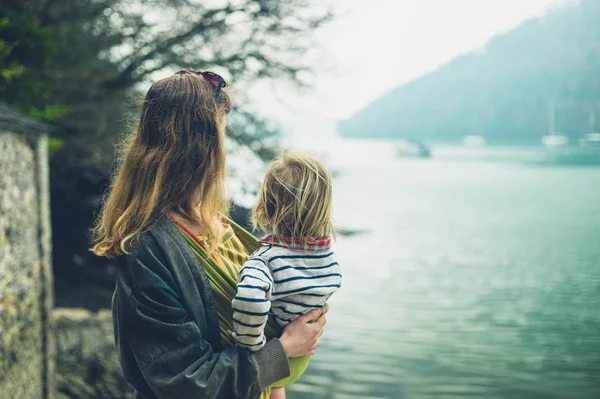 Young Mother Standing River Toddler Child — 스톡 사진