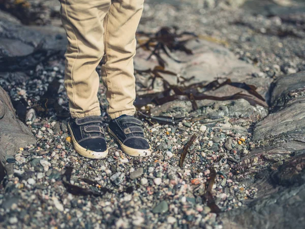 Las Piernas Niño Pequeño Pie Una Playa Rocosa — Foto de Stock