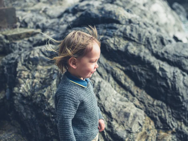 Little Toddler Standing Some Rocks Coast — Stock Photo, Image
